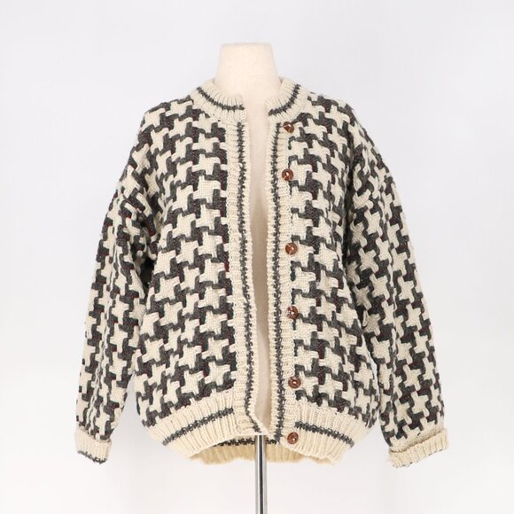 VINTAGE Women's Thick Knit Basketweave Button Front Cardigan Sweater Cream Brown - Picture 5 of 7